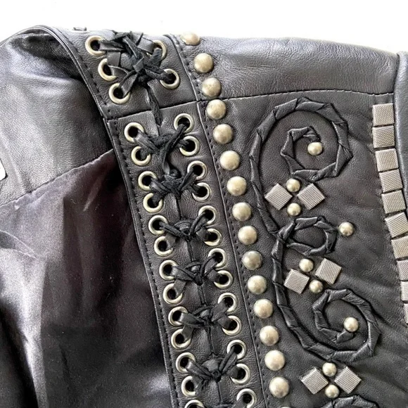 Double D Ranch Black Genuine Leather Beaded Studded Open Bolero Jacket - Picture 3 of 11